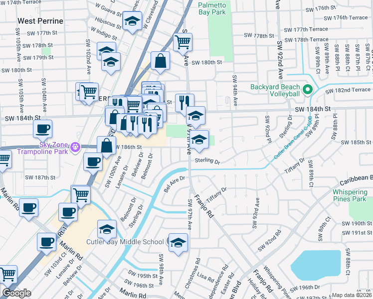 map of restaurants, bars, coffee shops, grocery stores, and more near 18600 Southwest 97th Court in Cutler Bay