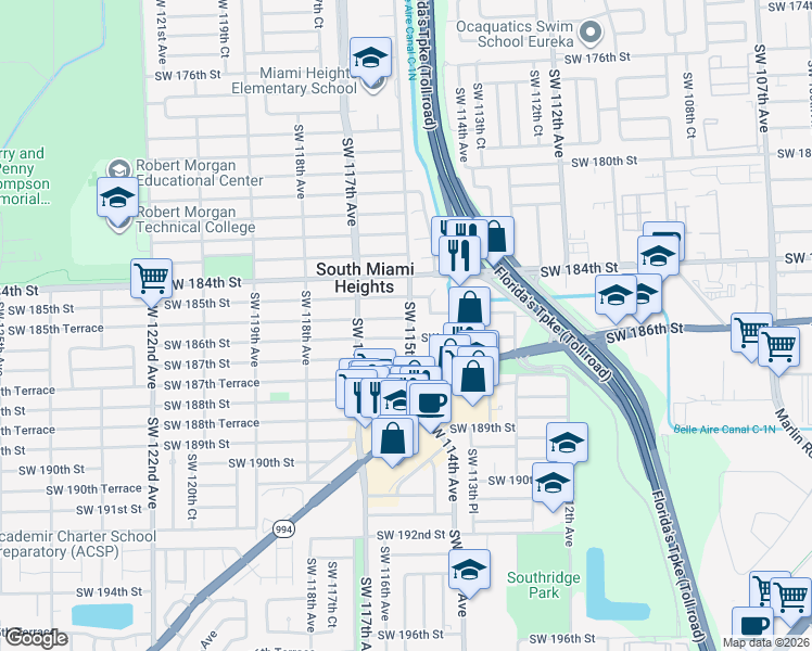 map of restaurants, bars, coffee shops, grocery stores, and more near 11500 Southwest 185th Terrace in Miami