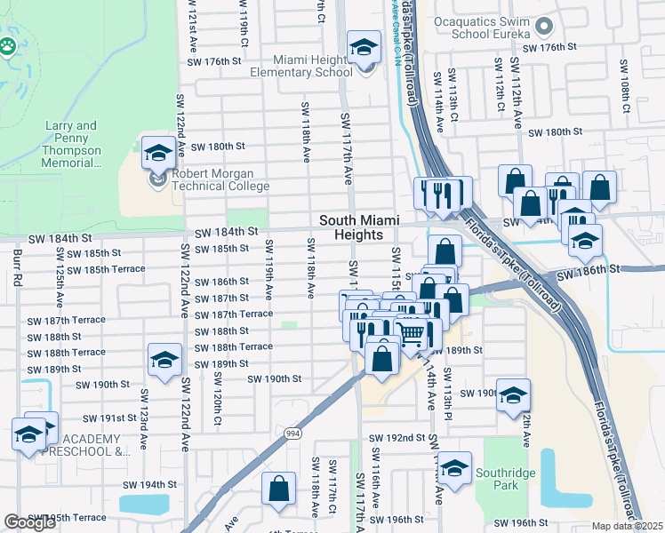 map of restaurants, bars, coffee shops, grocery stores, and more near 11752 Southwest 185th Terrace in Miami