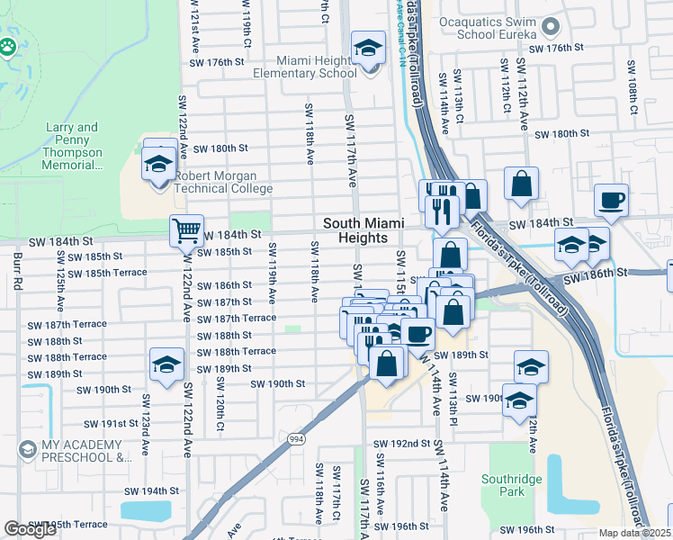 map of restaurants, bars, coffee shops, grocery stores, and more near 11752 Southwest 185th Terrace in Miami