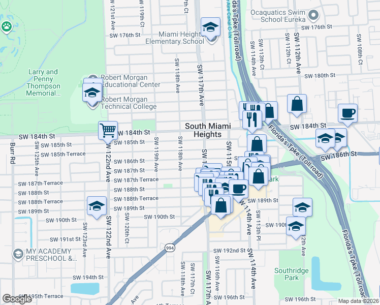 map of restaurants, bars, coffee shops, grocery stores, and more near 11752 Southwest 185th Terrace in Miami