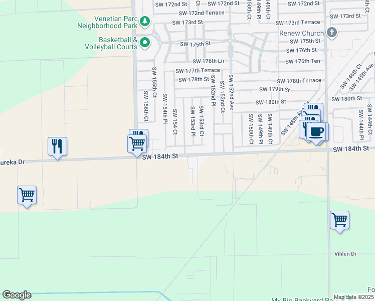 map of restaurants, bars, coffee shops, grocery stores, and more near 18332 Southwest 154th Avenue in Miami