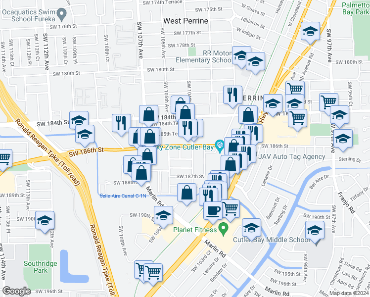 map of restaurants, bars, coffee shops, grocery stores, and more near 10430 Quail Roost Drive in Miami