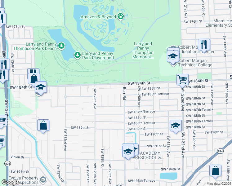 map of restaurants, bars, coffee shops, grocery stores, and more near 18521 Southwest 127th Place in Miami