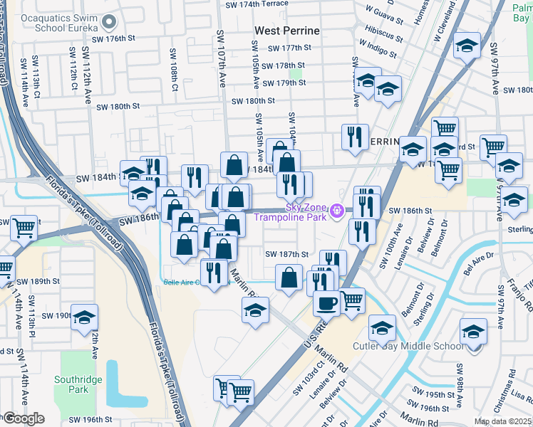 map of restaurants, bars, coffee shops, grocery stores, and more near 10490 Quail Roost Drive in Miami