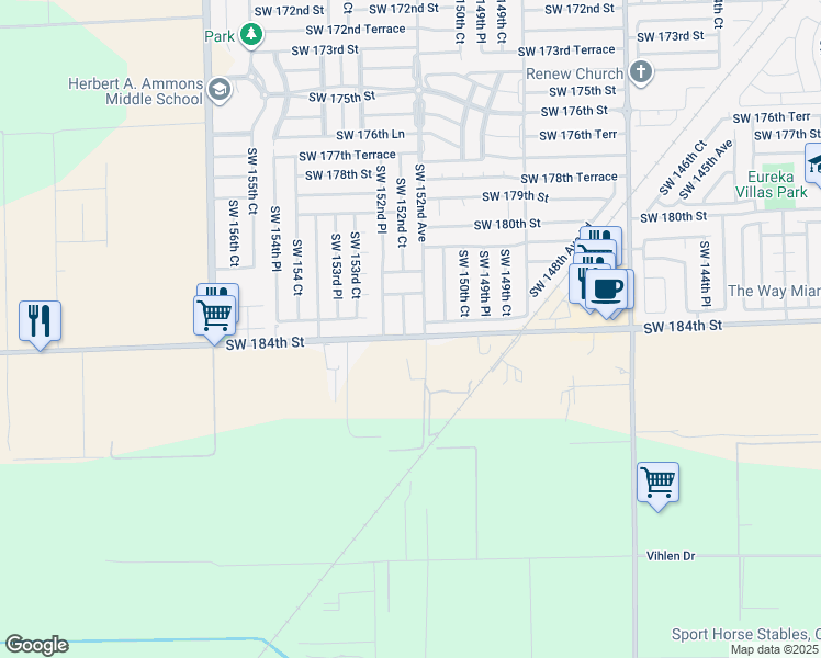 map of restaurants, bars, coffee shops, grocery stores, and more near 15223 Southwest 184th Street in Miami