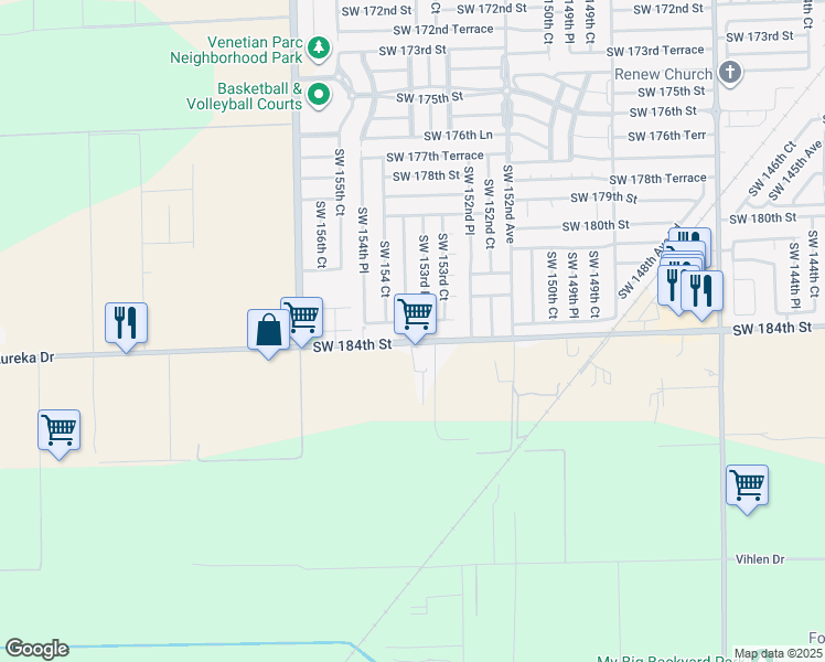 map of restaurants, bars, coffee shops, grocery stores, and more near 18332 Southwest 154th Avenue in Miami