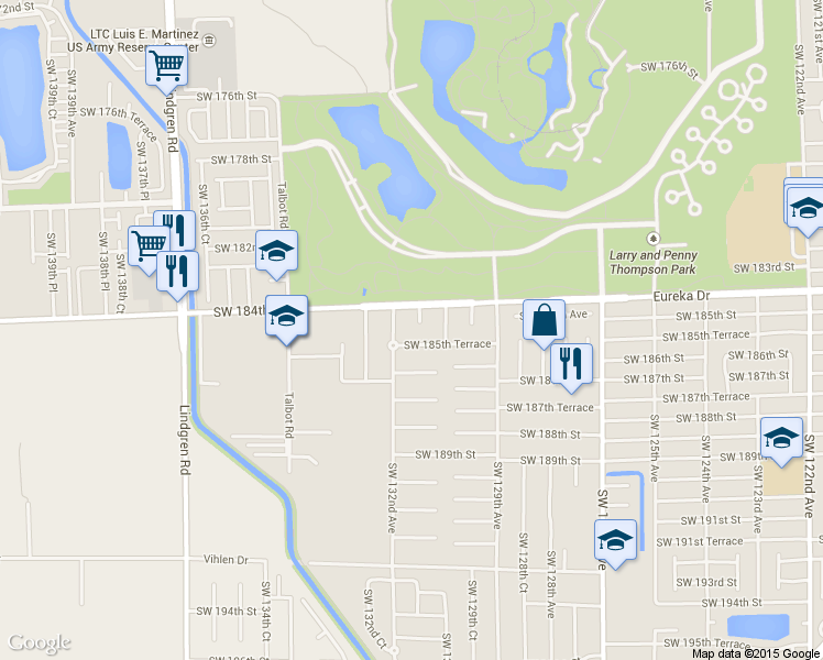 map of restaurants, bars, coffee shops, grocery stores, and more near 18504 Southwest 131st Avenue in Miami