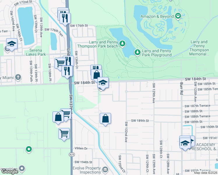 map of restaurants, bars, coffee shops, grocery stores, and more near 18540 Southwest 133rd Avenue in Miami