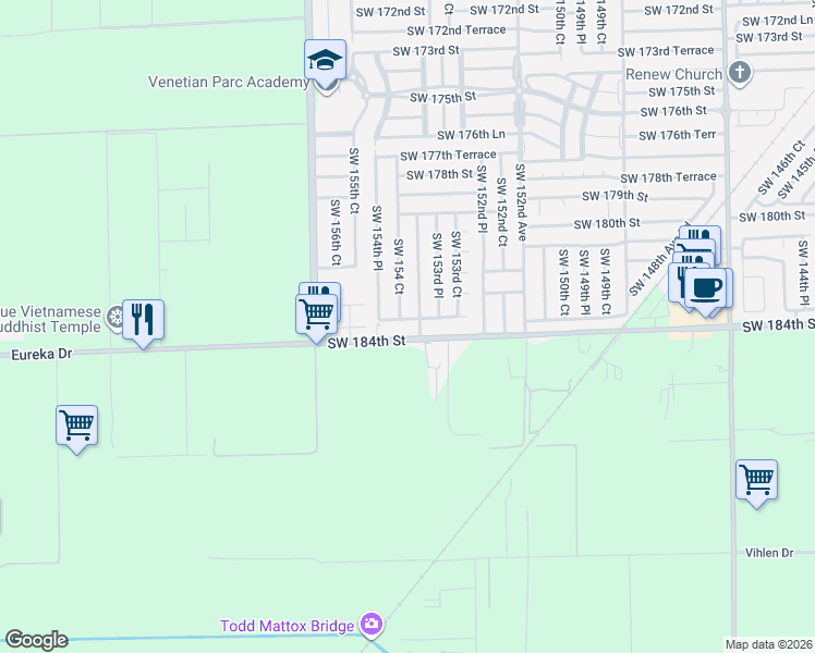 map of restaurants, bars, coffee shops, grocery stores, and more near 18332 Southwest 154th Avenue in Miami