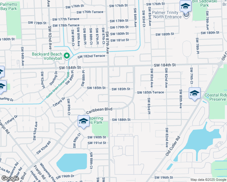 map of restaurants, bars, coffee shops, grocery stores, and more near 8600 Southwest 185th Street in Cutler Bay