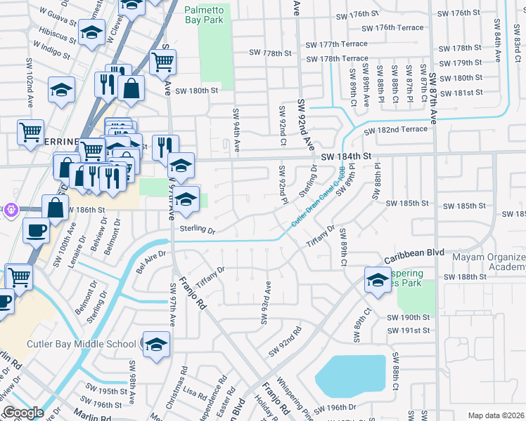 map of restaurants, bars, coffee shops, grocery stores, and more near 9367 Sterling Drive in Cutler Bay