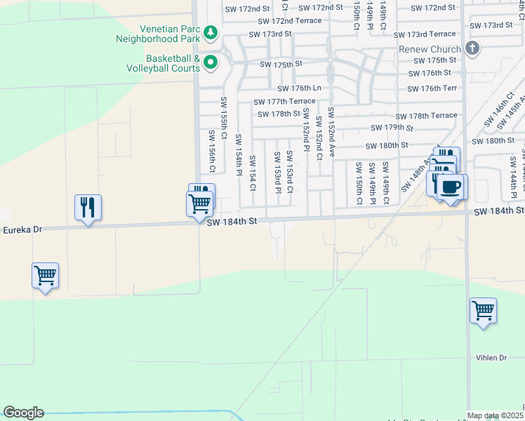 map of restaurants, bars, coffee shops, grocery stores, and more near 18332 Southwest 154th Avenue in Miami