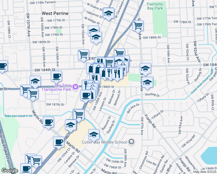 map of restaurants, bars, coffee shops, grocery stores, and more near 18600 Lenaire Drive in Cutler Bay