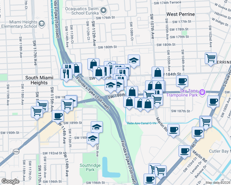 map of restaurants, bars, coffee shops, grocery stores, and more near 11017 Southwest 186th Street in Miami