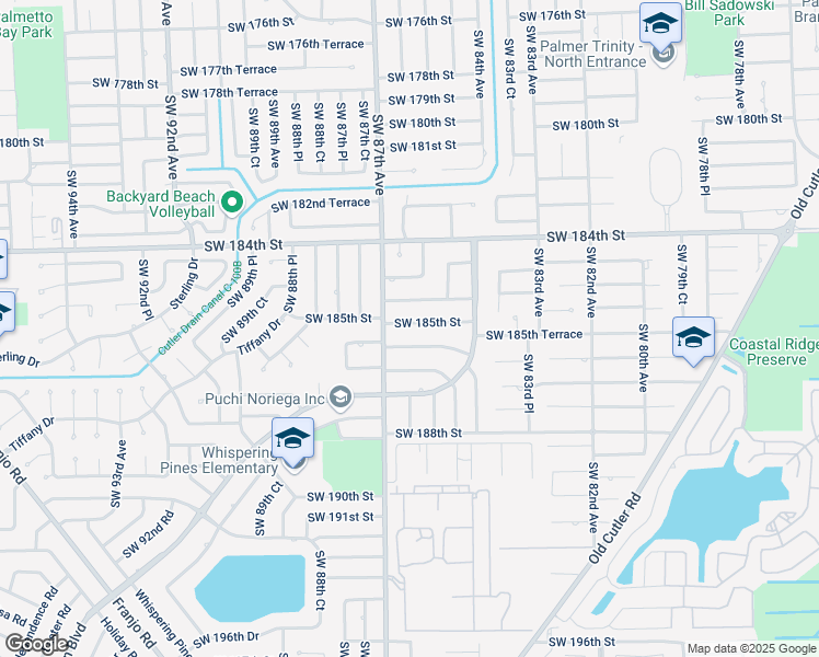 map of restaurants, bars, coffee shops, grocery stores, and more near 8600 Southwest 185th Street in Cutler Bay