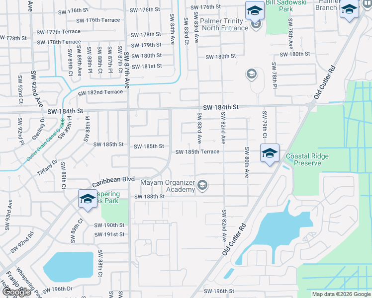 map of restaurants, bars, coffee shops, grocery stores, and more near 8345 Southwest 185th Terrace in Cutler Bay