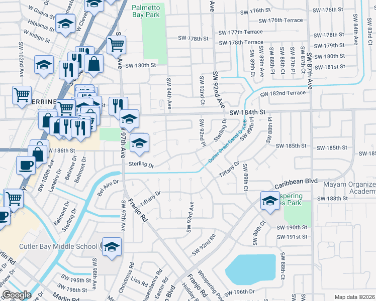 map of restaurants, bars, coffee shops, grocery stores, and more near 9367 Sterling Drive in Cutler Bay