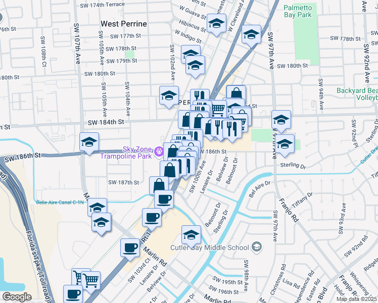 map of restaurants, bars, coffee shops, grocery stores, and more near 7515 Southwest 186th Street in Miami