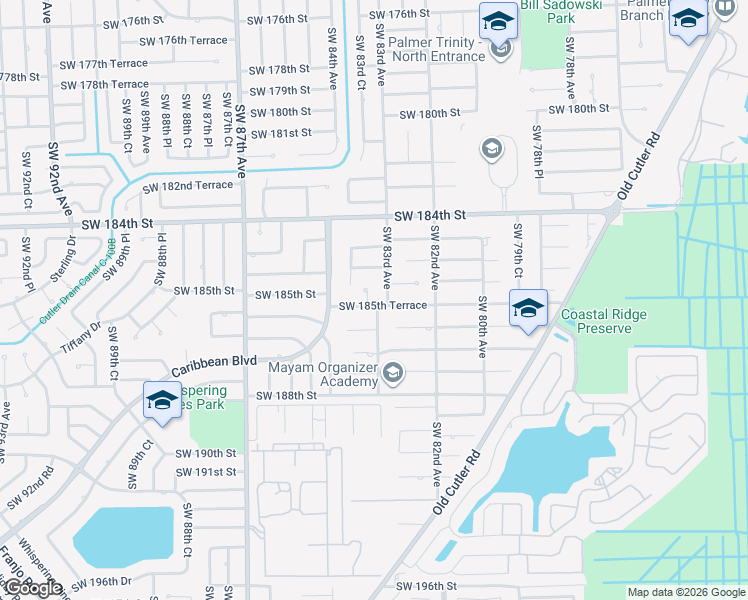 map of restaurants, bars, coffee shops, grocery stores, and more near 8345 Southwest 185th Terrace in Cutler Bay