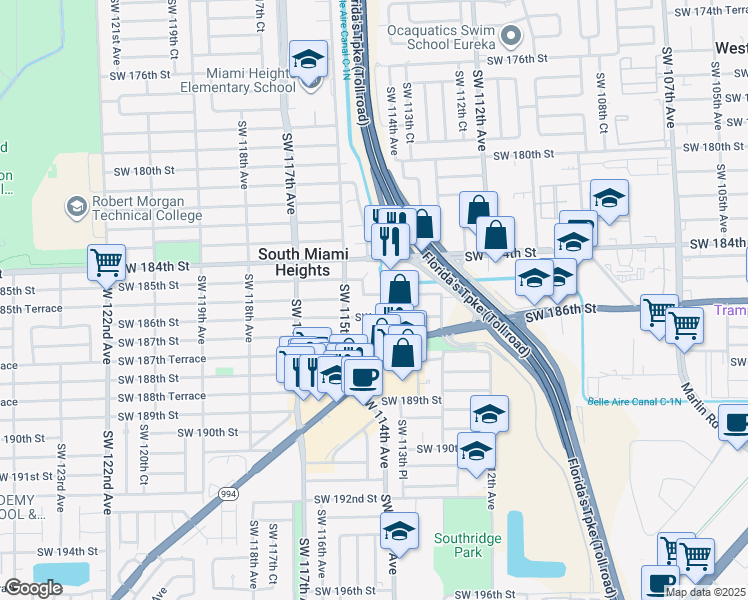 map of restaurants, bars, coffee shops, grocery stores, and more near 11440 Southwest 185th Terrace in Miami
