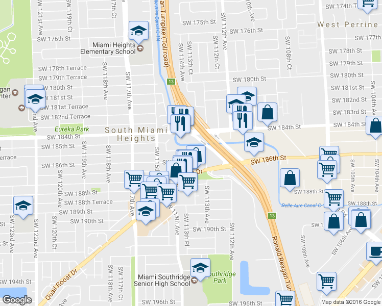 map of restaurants, bars, coffee shops, grocery stores, and more near 11356 SW 185th Terrace in Miami