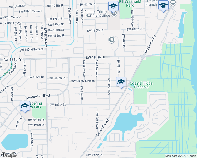 map of restaurants, bars, coffee shops, grocery stores, and more near 18545 Southwest 82nd Avenue in Cutler Bay