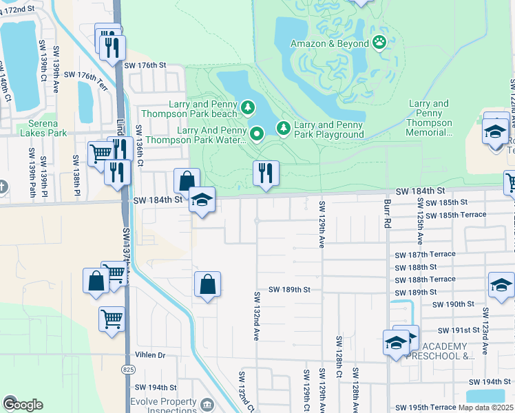 map of restaurants, bars, coffee shops, grocery stores, and more near 18504 Southwest 131st Avenue in Miami