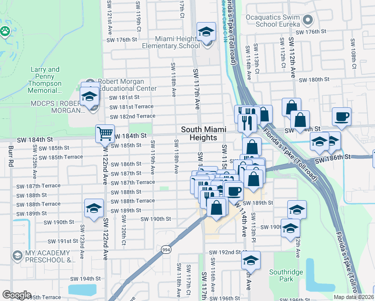 map of restaurants, bars, coffee shops, grocery stores, and more near 11752 Southwest 185th Terrace in Miami