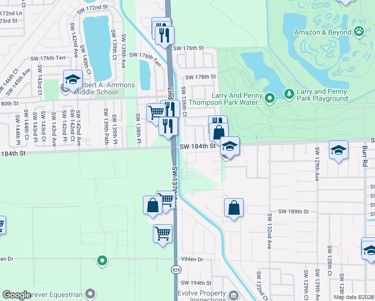 map of restaurants, bars, coffee shops, grocery stores, and more near 13600 Southwest 184th Street in Miami