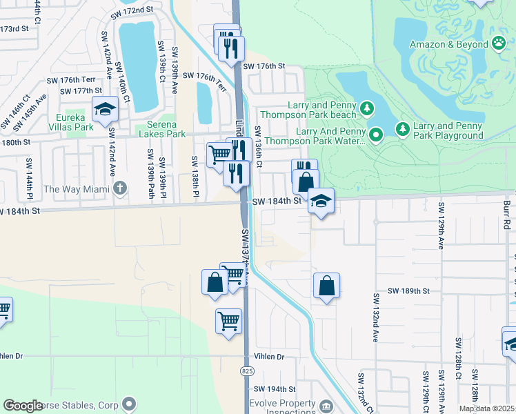 map of restaurants, bars, coffee shops, grocery stores, and more near 13600 Southwest 184th Street in Miami
