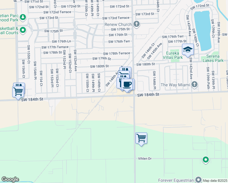 map of restaurants, bars, coffee shops, grocery stores, and more near 14870 Eureka Drive in Miami