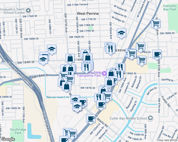 map of restaurants, bars, coffee shops, grocery stores, and more near 10430 Quail Roost Drive in Miami