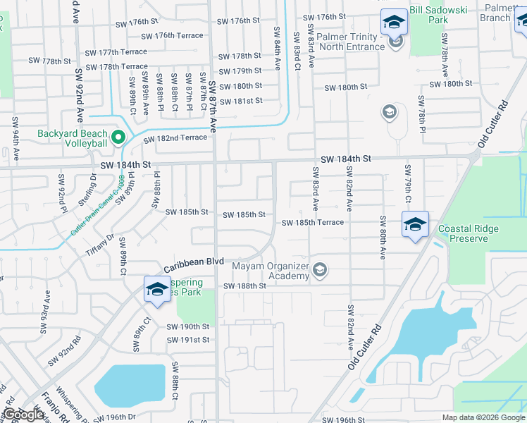 map of restaurants, bars, coffee shops, grocery stores, and more near 8440 Southwest 185th Street in Cutler Bay