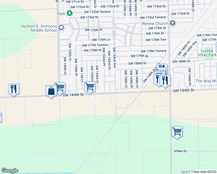 map of restaurants, bars, coffee shops, grocery stores, and more near 15263 Southwest 184th Street in Miami