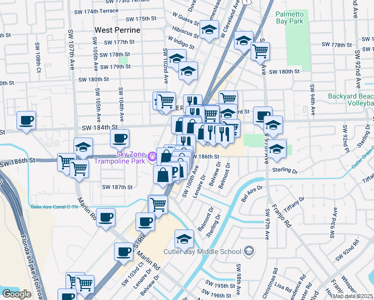 map of restaurants, bars, coffee shops, grocery stores, and more near in West Perrine