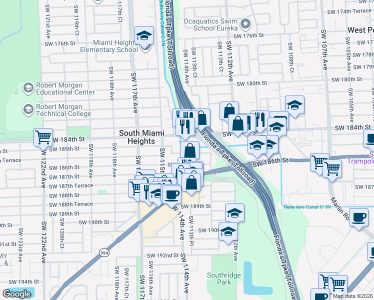 map of restaurants, bars, coffee shops, grocery stores, and more near 11356 Southwest 185th Terrace in Miami