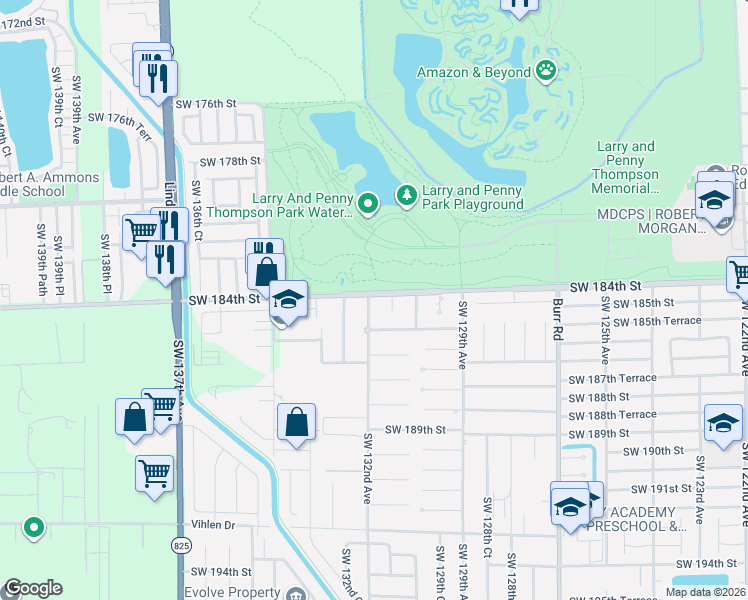 map of restaurants, bars, coffee shops, grocery stores, and more near 18504 Southwest 131st Avenue in Miami