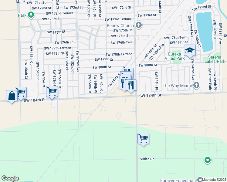 map of restaurants, bars, coffee shops, grocery stores, and more near 14870 Eureka Drive in Miami
