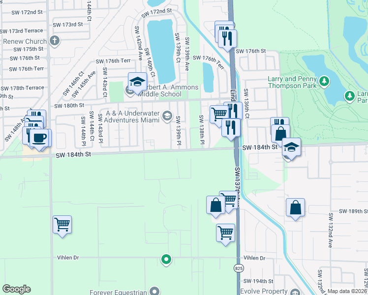 map of restaurants, bars, coffee shops, grocery stores, and more near 18366 Southwest 139th Court in Miami