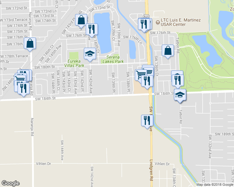map of restaurants, bars, coffee shops, grocery stores, and more near 18366 Southwest 139th Court in Miami