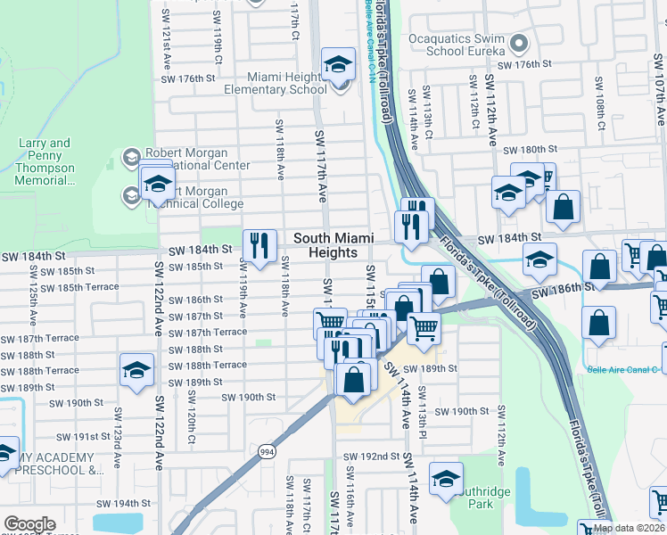 map of restaurants, bars, coffee shops, grocery stores, and more near 11570 Southwest 185th Terrace in Miami