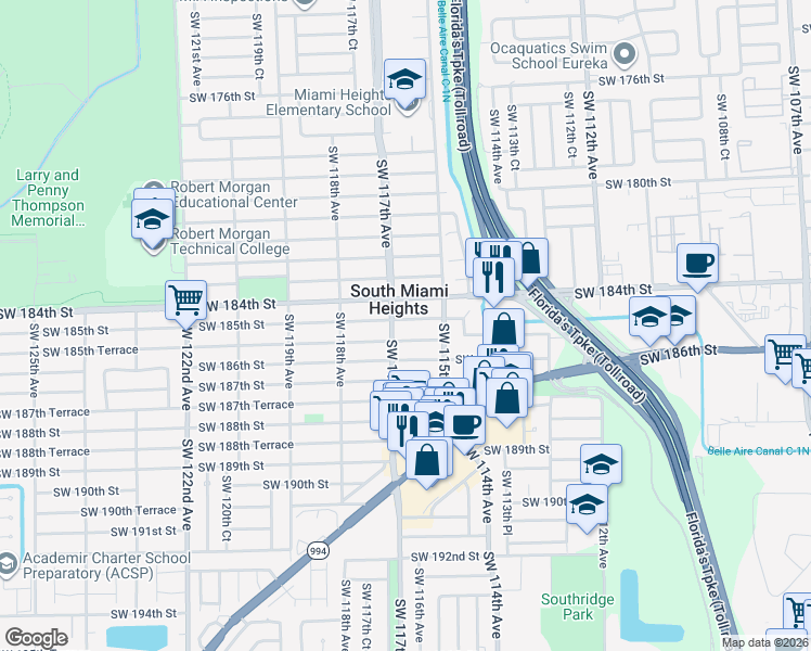 map of restaurants, bars, coffee shops, grocery stores, and more near 11570 Southwest 185th Terrace in Miami