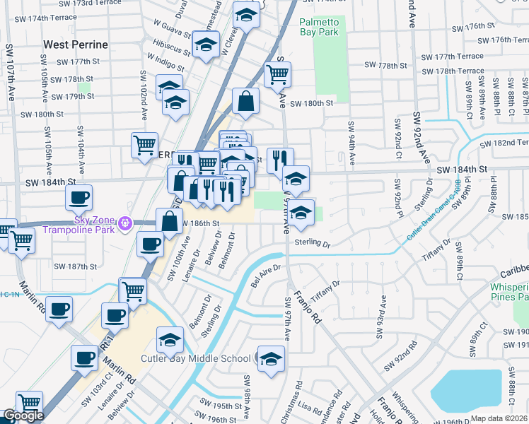 map of restaurants, bars, coffee shops, grocery stores, and more near 18600 Southwest 97th Court in Cutler Bay