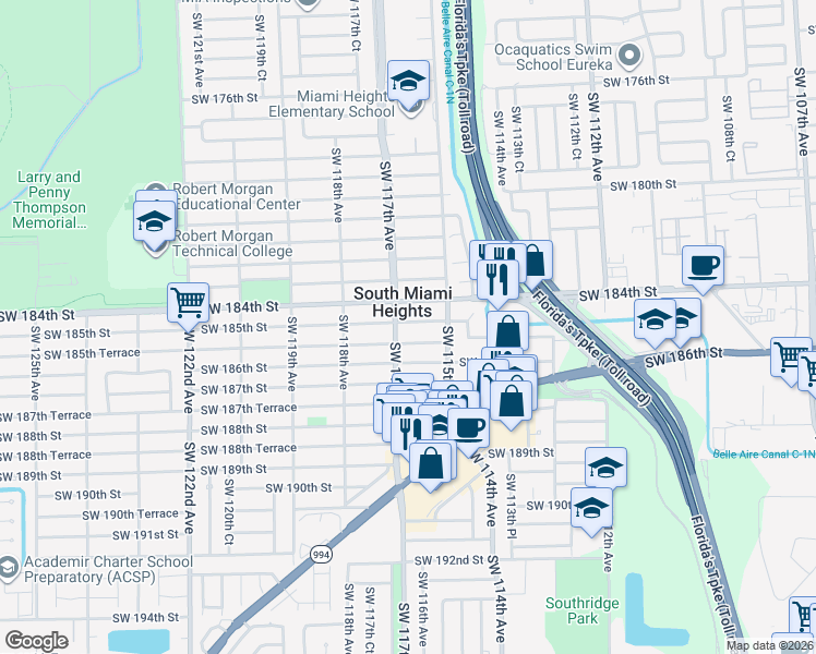 map of restaurants, bars, coffee shops, grocery stores, and more near 11570 Southwest 185th Terrace in Miami