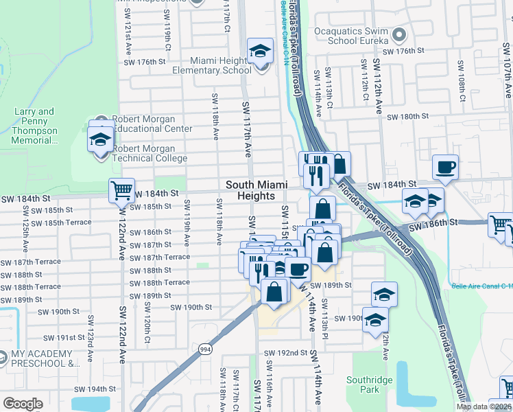map of restaurants, bars, coffee shops, grocery stores, and more near 11570 Southwest 185th Terrace in Miami