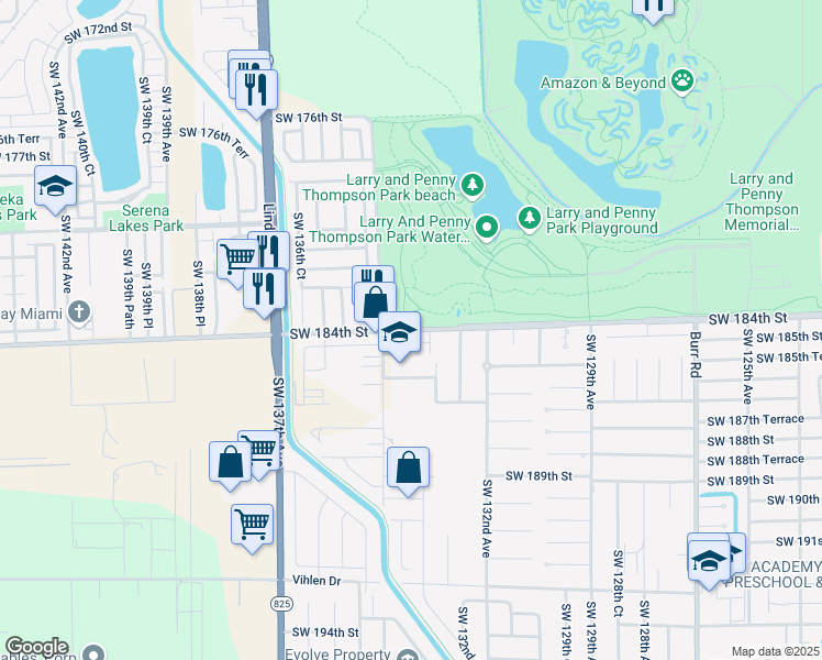 map of restaurants, bars, coffee shops, grocery stores, and more near 18540 Southwest 133rd Avenue in Miami
