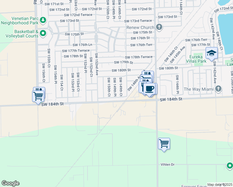 map of restaurants, bars, coffee shops, grocery stores, and more near 18303 Southwest 149th Place in Miami