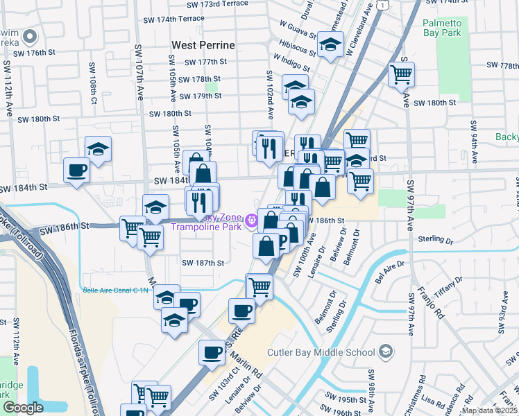 map of restaurants, bars, coffee shops, grocery stores, and more near 18422 Homestead Avenue in Miami