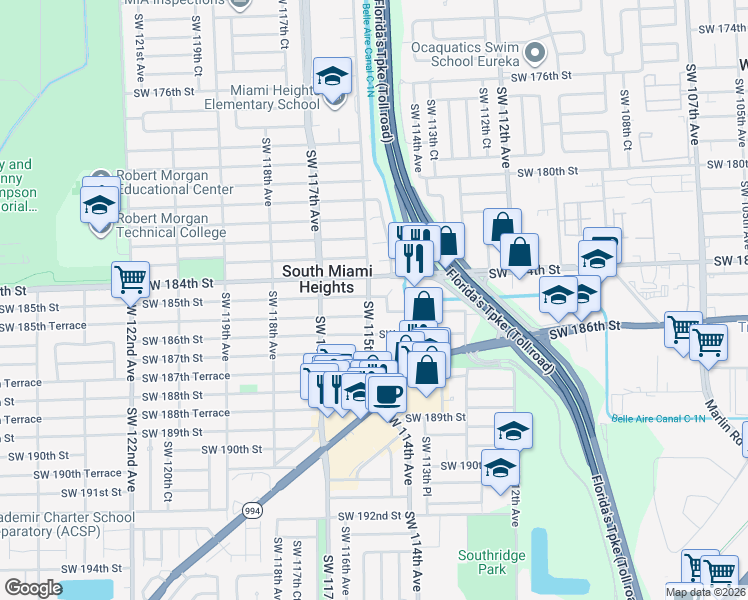 map of restaurants, bars, coffee shops, grocery stores, and more near 11500 Southwest 184th Street in Miami